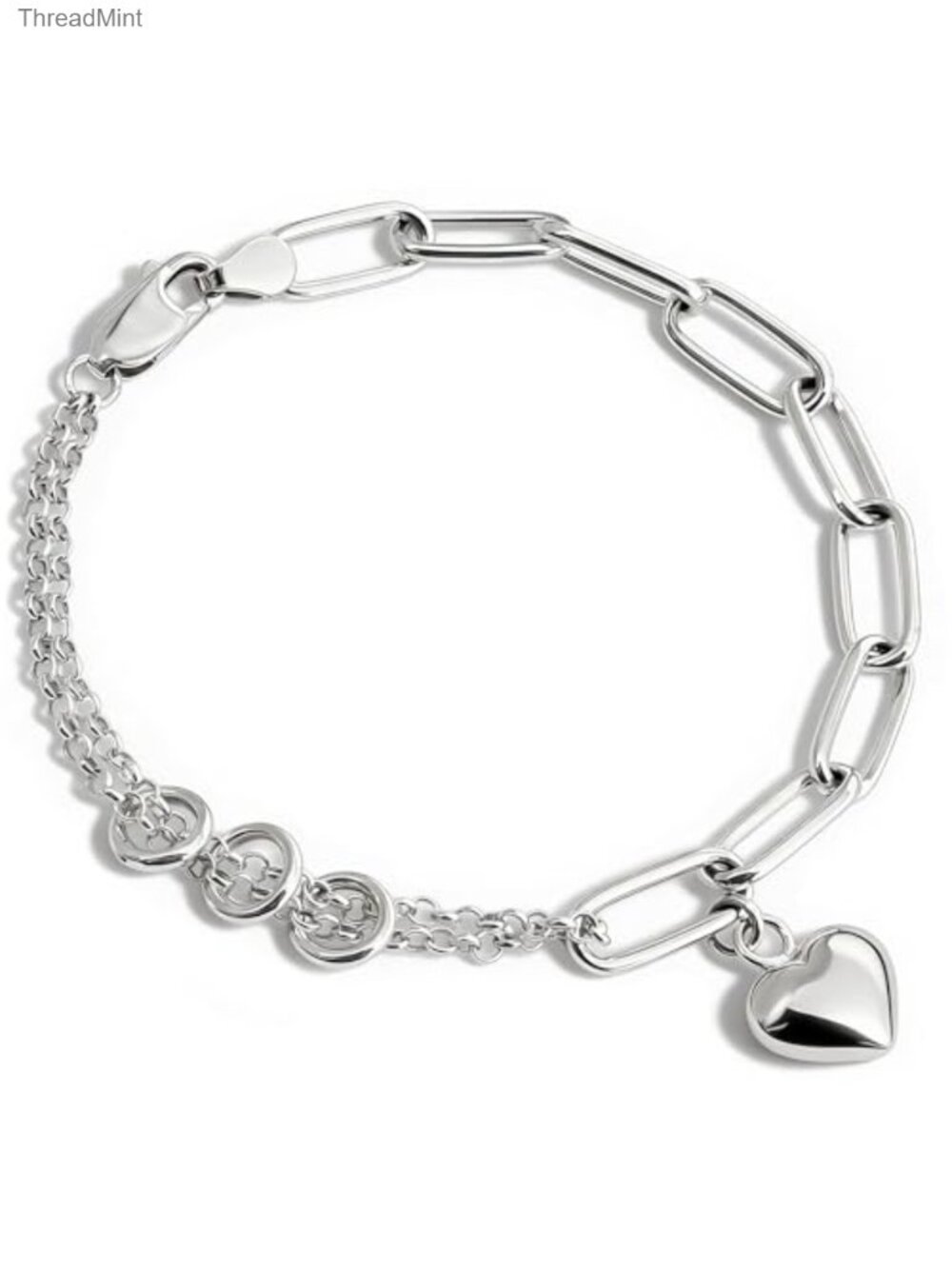 925 Sterling Silver 6mm Paperclip Bracelet with Heart Charm Lobster Clasp